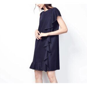 Fabiana Filippi Merino Wool Cashmere Dress Size 12 Blue Ruffle Shift Beads Trim